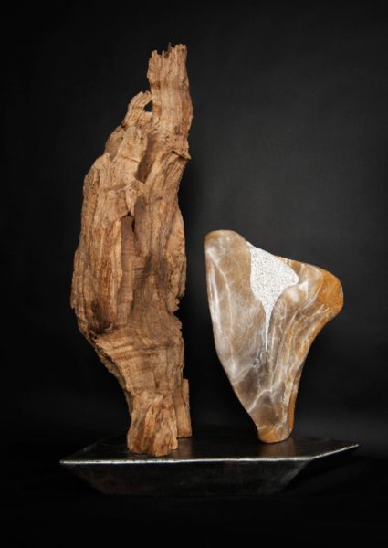 Guardian Angels - Alabaster, Teak Wood Sculpture by Dorit Schwartz