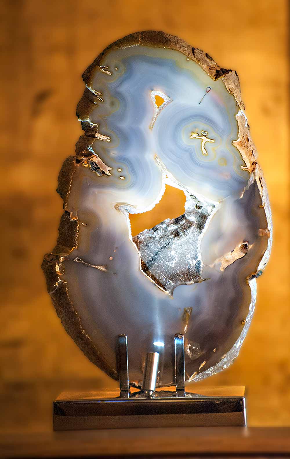 Brazilian Agate, Stainless Steel, Lights Sculpture by Dorit Schwartz